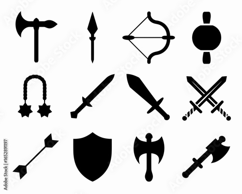 Collection of medieval weapon silhouettes including axes swords bows and shields isolated on white background