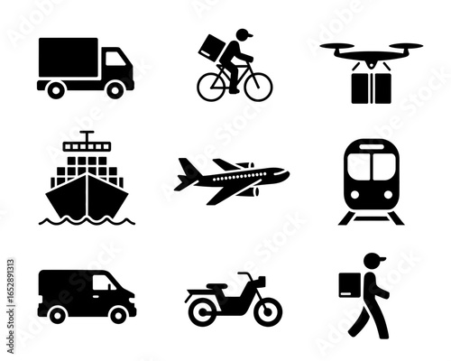 Collection of nine delivery and transportation vehicle icons silhouette isolated on white background