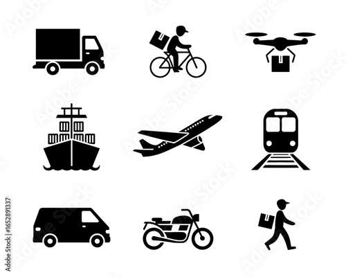 Collection of delivery and transportation vehicle icons silhouette isolated on white background