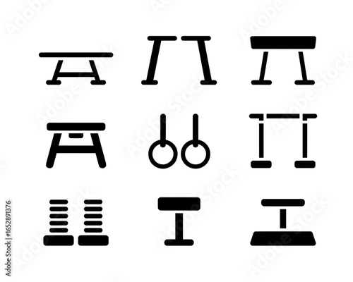 Collection of gymnastics equipment silhouettes isolated on white background