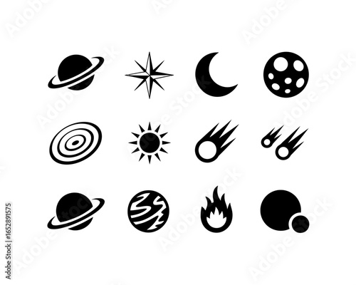 Collection of celestial body silhouettes and space icons isolated on white background