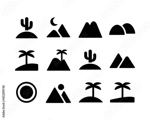 Collection of desert and tropical landscape icons silhouette isolated on white background