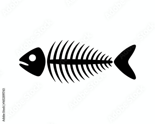 Black silhouette of a fish skeleton isolated on a white background isolated on white background