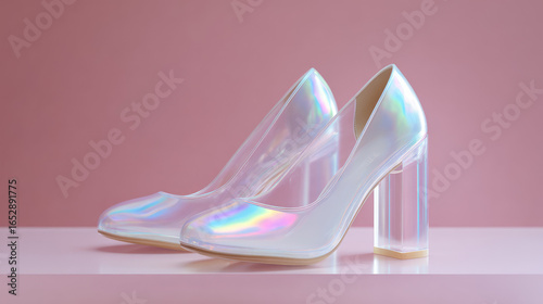 Holographic high-heeled shoes are displayed on a surface. Fashion, style, footwear, elegance