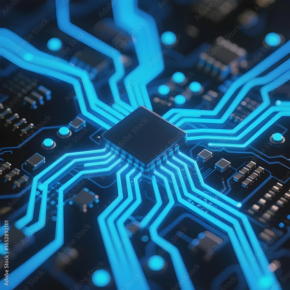 Fototapeta premium Illuminated Circuit Board with Central Chip