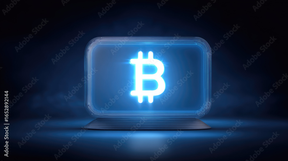 Obraz premium A glowing blue cryptocurrency bitcoin symbol is displayed on a digital screen. Concept: Digital currency, futuristic technology
