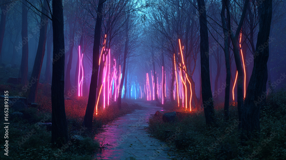 Fototapeta premium Neon Forest Path: Cyberpunk Nature Scene - Artistic Background