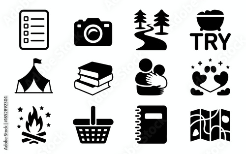 Collection of travel and leisure activity icons silhouette isolated on white background