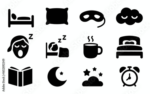 Collection of sleep and bedtime icons in silhouette isolated on white background