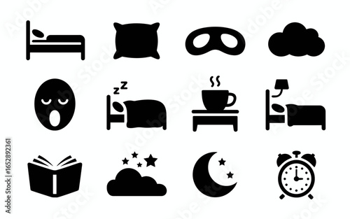 Collection of sleep and bedtime icons in silhouette isolated on white background