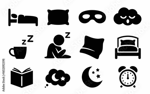 Collection of sleep and bedtime icons in silhouette isolated on white background