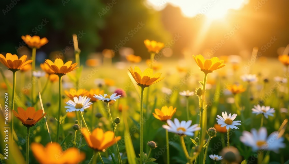 Obraz premium Golden sunlight bathes wildflowers in a vibrant meadow , daisy, orange