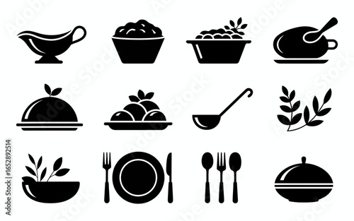 Collection of thanksgiving dinner food and serving utensil icons silhouette isolated on white background