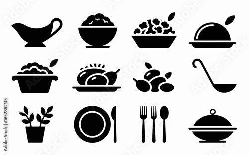 Collection of food and dining icons silhouette isolated on white background