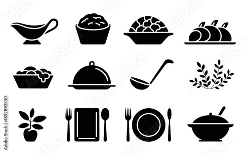 Collection of food and dining icons in silhouette isolated on white background