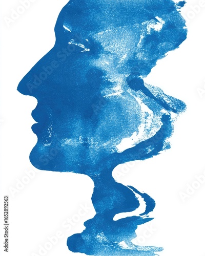 Abstract profile portrait in shades of deep blue watercolor