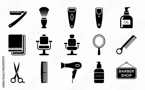 Barber shop tools and equipment silhouette icons isolated on white background