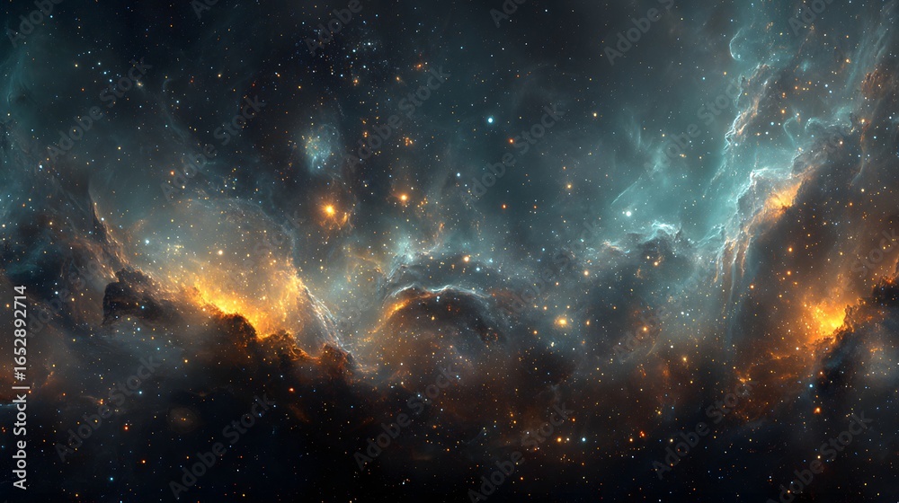 Fototapeta premium A stunning digital illustration of a vibrant nebula, showcasing swirling patterns of teal, gold, and dark gray, speckled with glittering stars.
