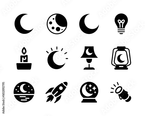 Collection of nighttime and celestial icons silhouette isolated on white background