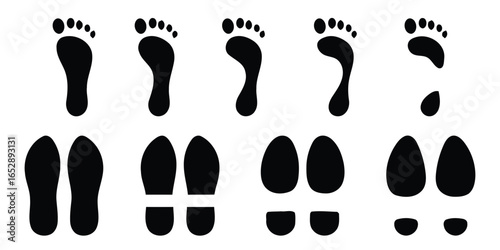 Collection of black footprint and shoe print silhouettes isolated on white background silhouette
