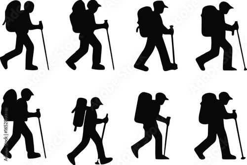 Eight silhouette hikers with backpacks and poles walking on a white background isolated on white background