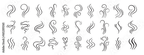 Fire steam or Line smoke doodle hand drawn set. smell waves from food or coffee and beverages sketch style.