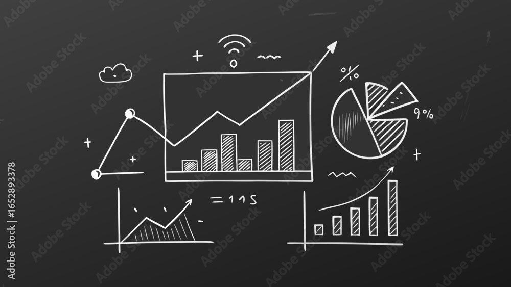 Fototapeta premium Business analytics concept with hand-drawn charts and graphs on black chalkboard background