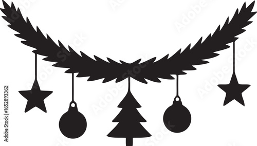 Black silhouette of christmas garland with ornaments and stars isolated on white background silhouette