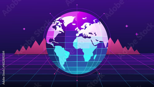 Futuristic digital globe with grid lines and abstract landscape in neon retro style
