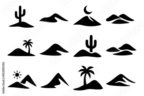 Desert and oasis landscape silhouettes isolated on white background