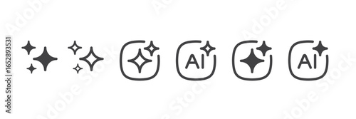 Set of Generative AI icons. AI sign with magic sparkle stars symbol. Artificial intelligence concept. Chatbot and Assistant. Web user interface for UI UX design. Vector illustration. Editable Stroke.