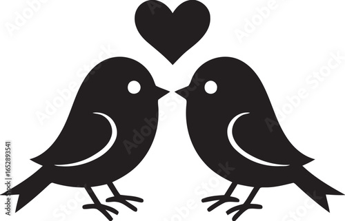 Two silhouette lovebirds facing each other with a heart above isolated on white background