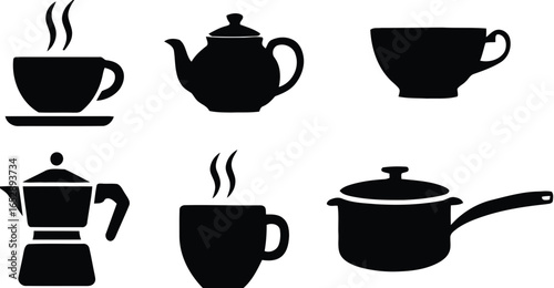 Collection of hot beverage and cooking vessel silhouettes isolated on white background