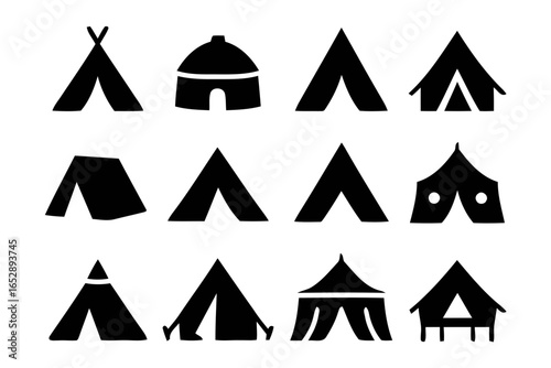 Collection of diverse tent silhouettes isolated on white background
