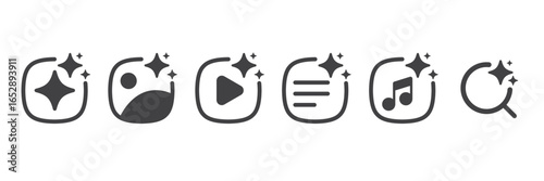 Set of Generative AI icons. Artificial intelligence sign with sparkle stars symbol. AI assistant chatbot. Voice, Image, video, and search. Web user interface for UI UX design. Vector editable stroke.