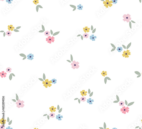 Ditsy floral pattern, seamless spring space out pattern on white background, For textiles, cotton fabric, covers, wallpaper, printing, cards, scrapbooking.