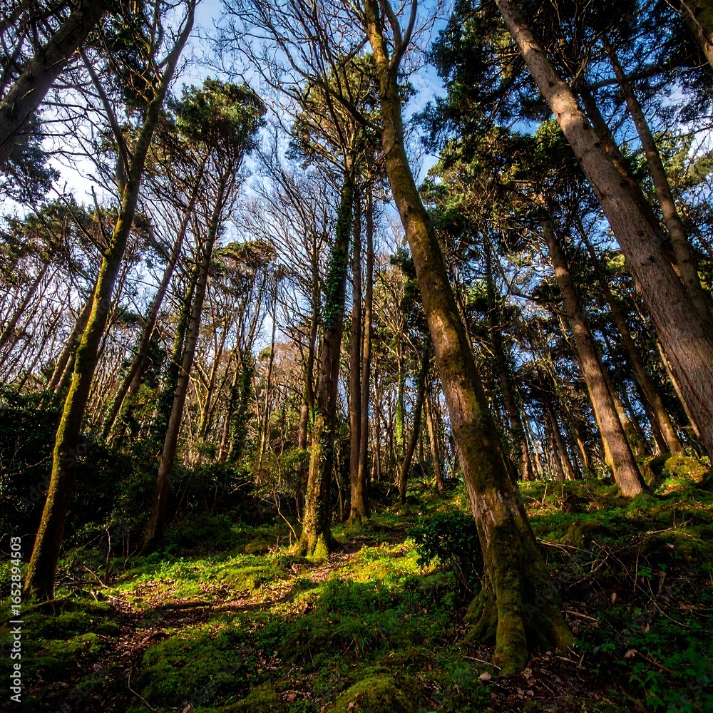 Fototapeta premium Sunlight filters through forest canopy