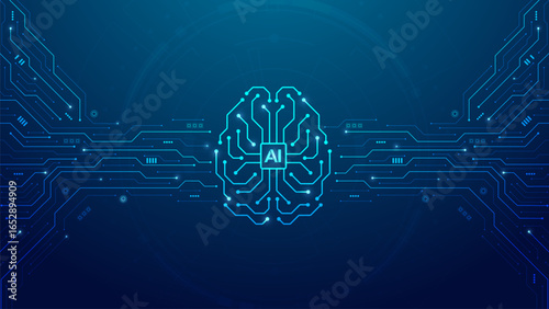 Concept of Artificial Intelligence. AI digital brain on a circuit board. Big data, and machine learning technology. LLM Large Language Model. Generative AI for business support Vector illustration.
