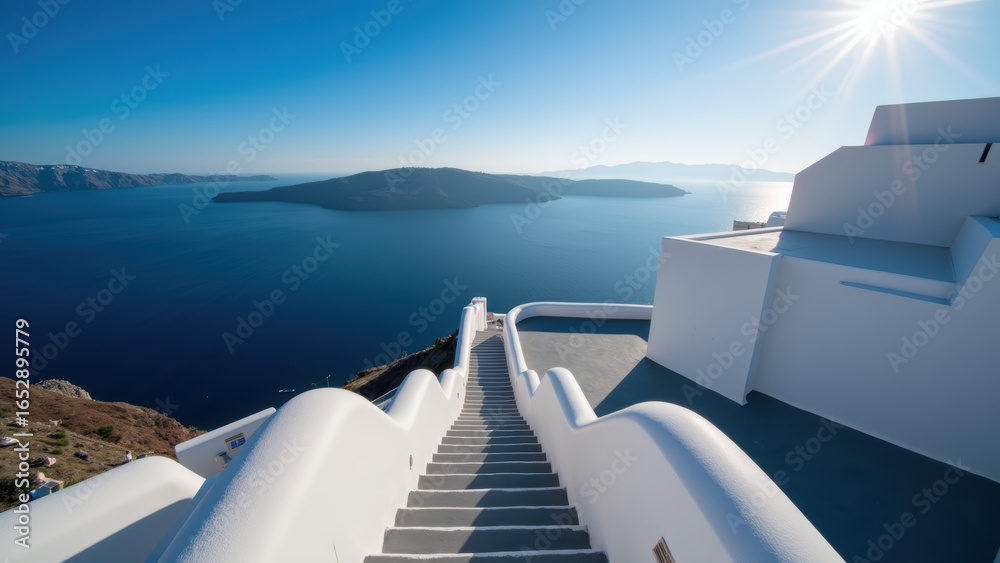 Fototapeta Breathtaking view of coastal landscape featuring white architecture, blue sea, and clear sky. stairs lead down to water edge, creating serene