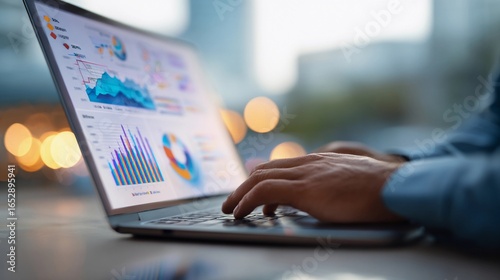 Analyzing data trends on a laptop during evening hours in an urban setting with blurred city lights in the background