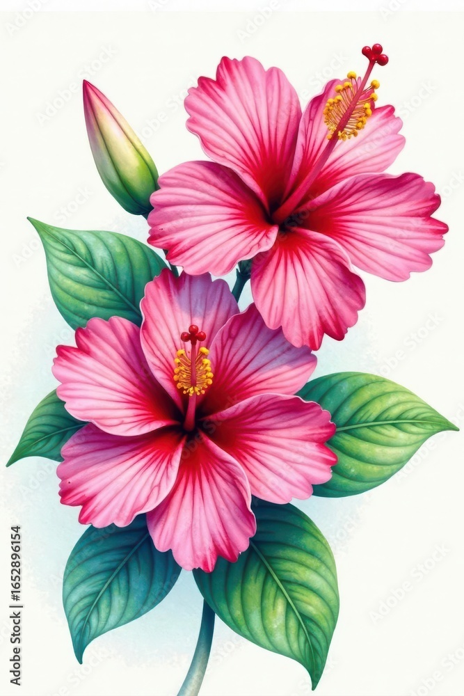 Obraz premium Vibrant hibiscus, orchids, plumeria in watercolor wash , greenery, graphics, exotic