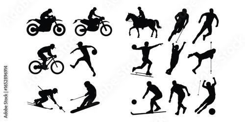 Set of 12 sports silhouette icons—featuring motorcycle, dirt bike, horse riding, skiing, cycling, running, martial arts, soccer, volleyball