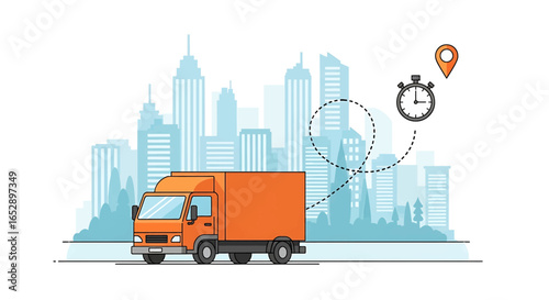 Delivery Truck Speeding Through Cityscape Vector Style Orange Vehicle Fast Shipping high quality professional