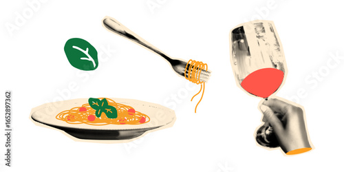 Trendy halftone collage elements set Italian pasta, spaghetti with tomato and basil leaf, hand holding glass of red wine stickers with vintage dot texture and doodles. Modern retro vector illustration