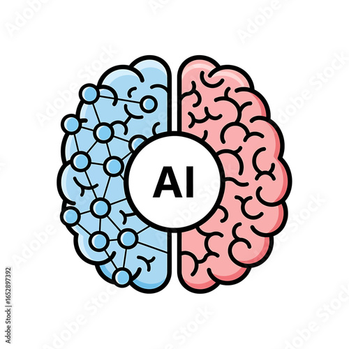 Human brain halves with ai symbol vector style connected hemispheres neural network artificial intelligence concept