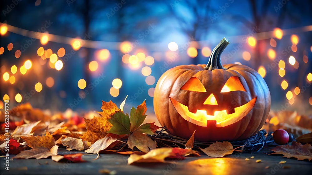 Glowing jack o lantern pumpkin surrounded by autumn leaves and twinkling lights Glowing jack o lantern pumpkin surrounded by autumn leaves and twinkling lights