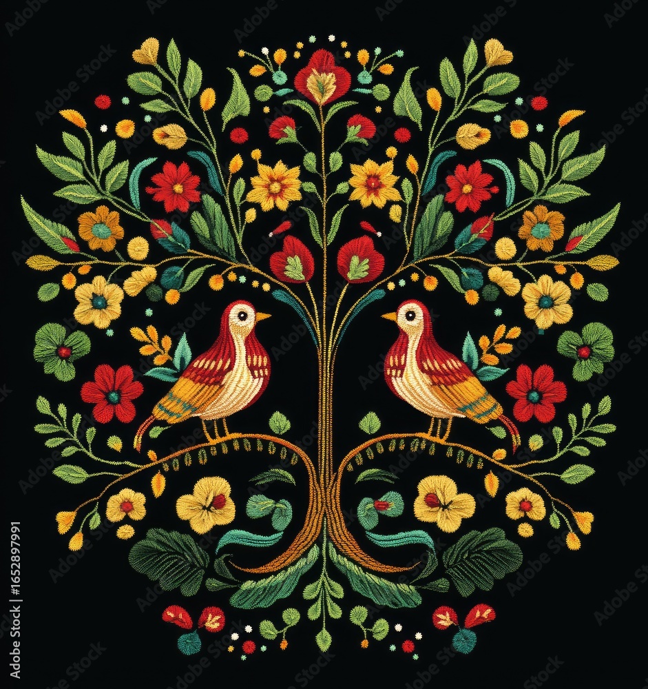 Obraz premium Ornate floral tree of life with two birds, vibrant colors on black background.