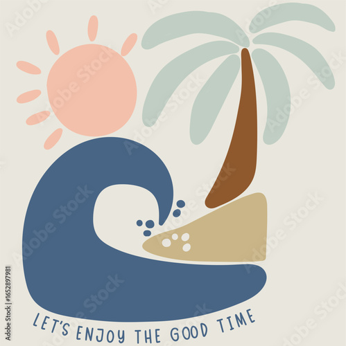 PrintLet’s enjoy the good time, California surfing club. Sunshine surf print design. Beach Paradise Print t shirt graphics design, typography slogan on palm trees background. Summer beach vibes. Ocean