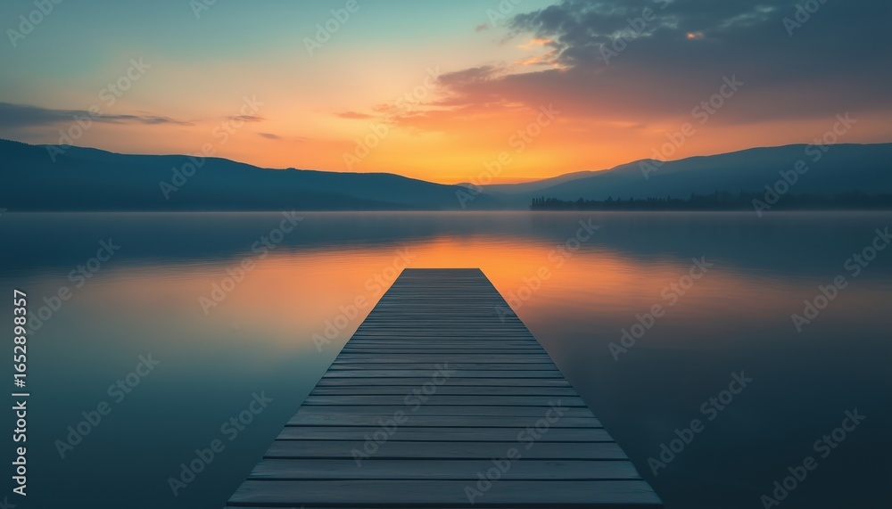 Naklejka premium Scenic Sunrise Overlooking Lake From A Long Pier Stretching Into The Water, Offering A Picturesque View From Afar