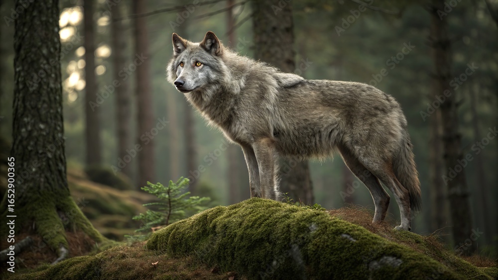 Obraz premium A wild gray wolf, a canine predator, with intense eyes in the forest
